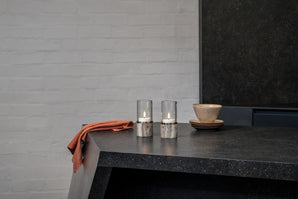 Marble candle holder with glass shade – Lantern, 8 x 17cm, beige